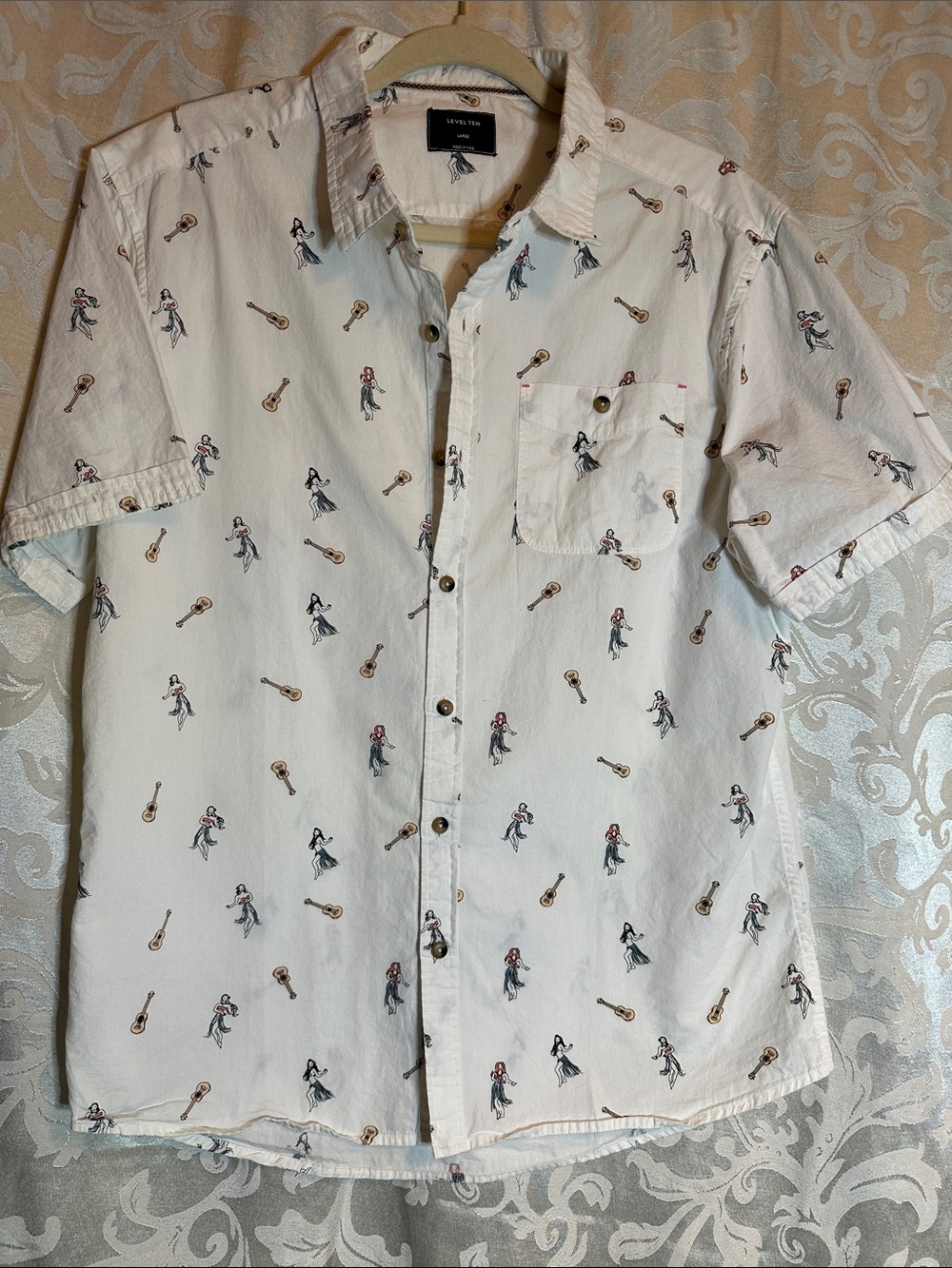 Short-Sleeve Button-Down Shirt in Cream with Novelty Guitar & Hula Print